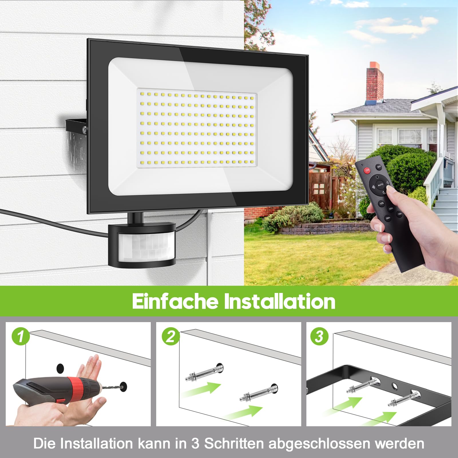 Sararoom LED Strahler mit Bewegungsmelder Außen, 150W 15000LM Led Fluter Flutlicht - 2er 6500K Scheinwerfer Fernbedienung, IP65 Wasserdicht Aussenstrahler Sicherheitsleuchte für Garten Garage Hof Wand