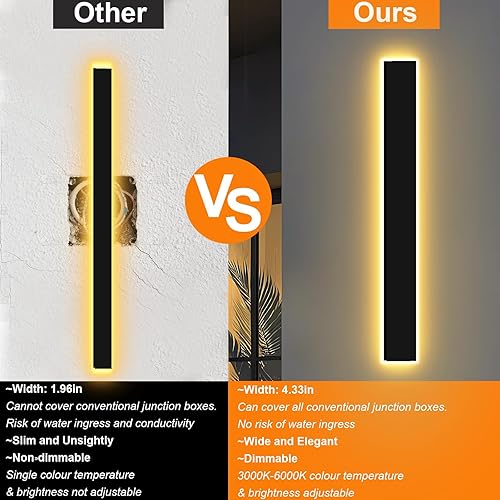 Miniatura 9 de Lámpara de pared moderna para exteriores de 24 pulgadas, regulable, 3000K-6000K, aplique de pared lineal para exteriores, impermeable, IP65, luces