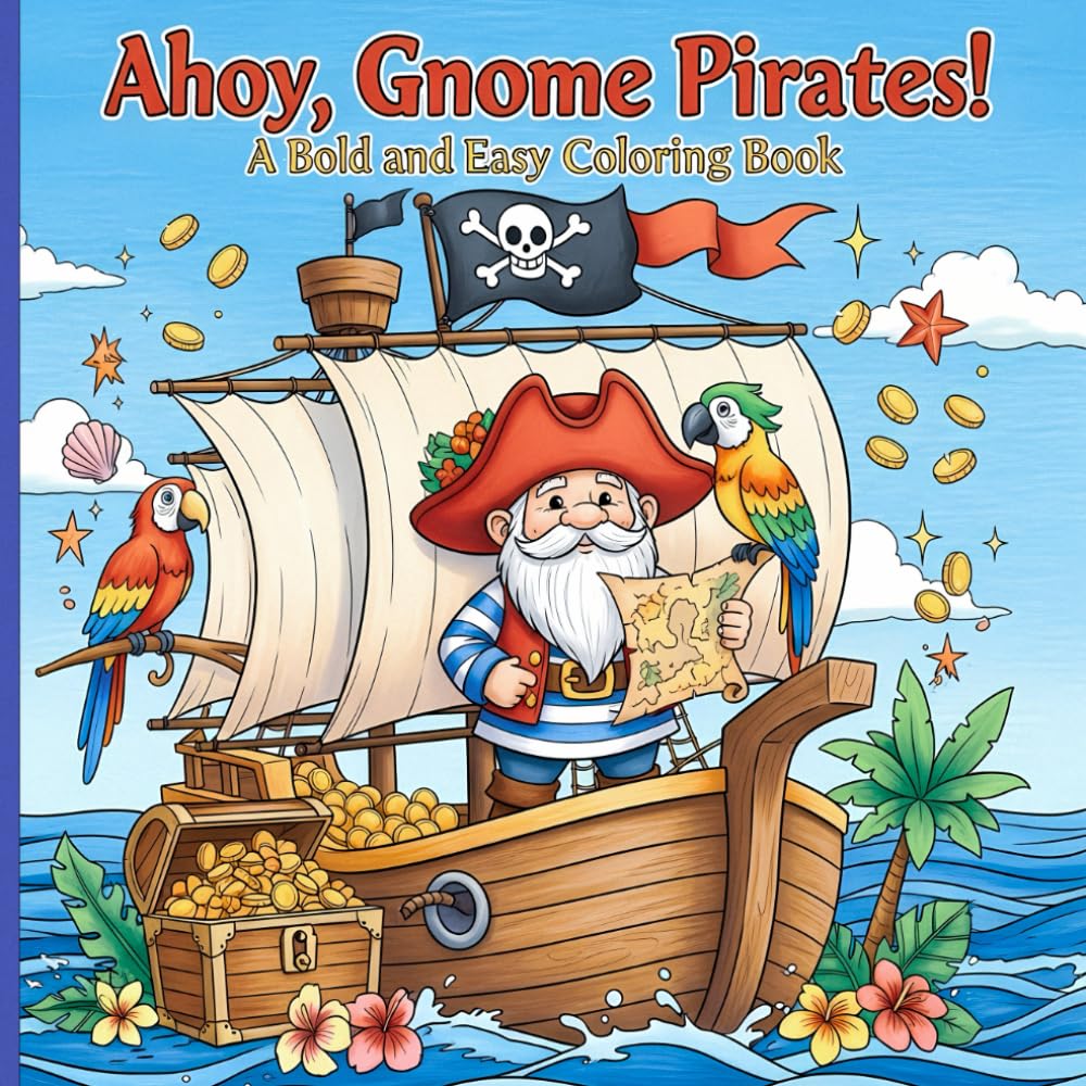 Ahoy, Gnome Pirates!: A Bold and Easy Coloring Book: Adorable Pirate Gnome Scenes with Bold Lines and Simple Shapes for Relaxation and Fun