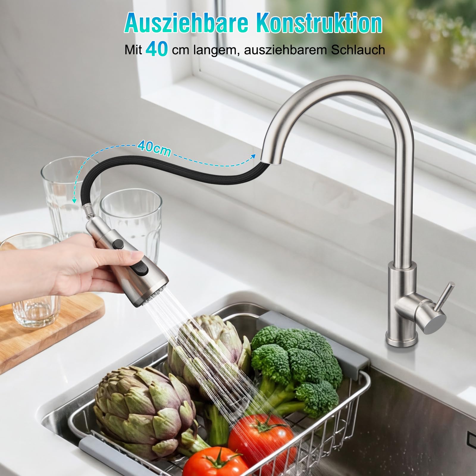 Wasserhahn Küchen, Hochdruck Küchenarmatur mit Brausekopf, 2 Wasserauslauf Modi, Wasserhahn Küche Ausziehbar, 360° Drehbar, 304 Gebürstete Edelstahl Spültischarmatur, Keramikkartusche