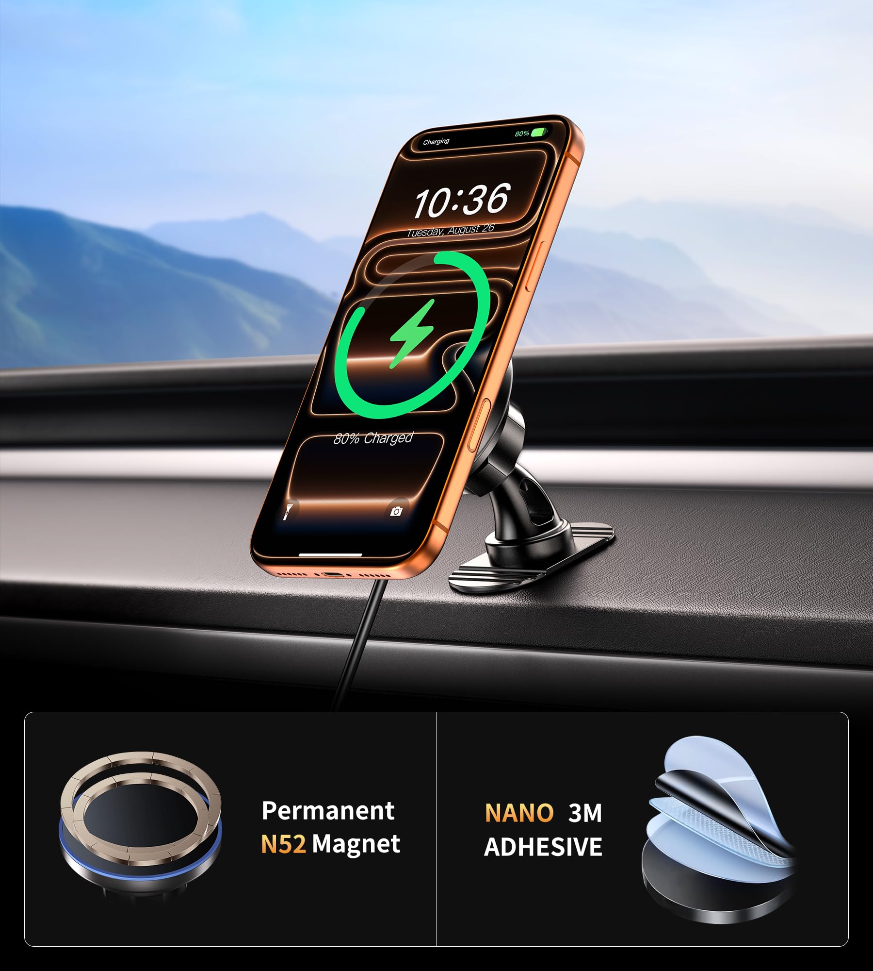 BHHB 15W Supporto Telefono Auto Magsafe, 2-in-1 Car Holder Porta Telefono Magnetico, Vent/Cruscotto Supporto Cellulare Auto per iPhone 17 16 15 14 13 12 Serie di Ricarica Veloce