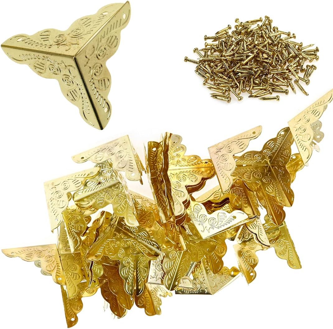 Bitray 25MM Antique Brass Box Edge Corner Cover Printed Wooden Box Guard Protector with Screws for Wooden Jewelry Box Case Photo Frame Chest Trunk Table Cabinet Furniture