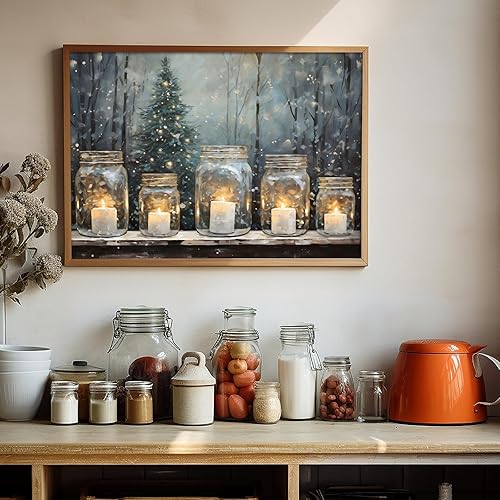 Miniatura 3 de Póster de pared vintage de Navidad, póster rústico de Navidad, imagen de invierno con velas en tarros de masón, arte de pared imprimible para