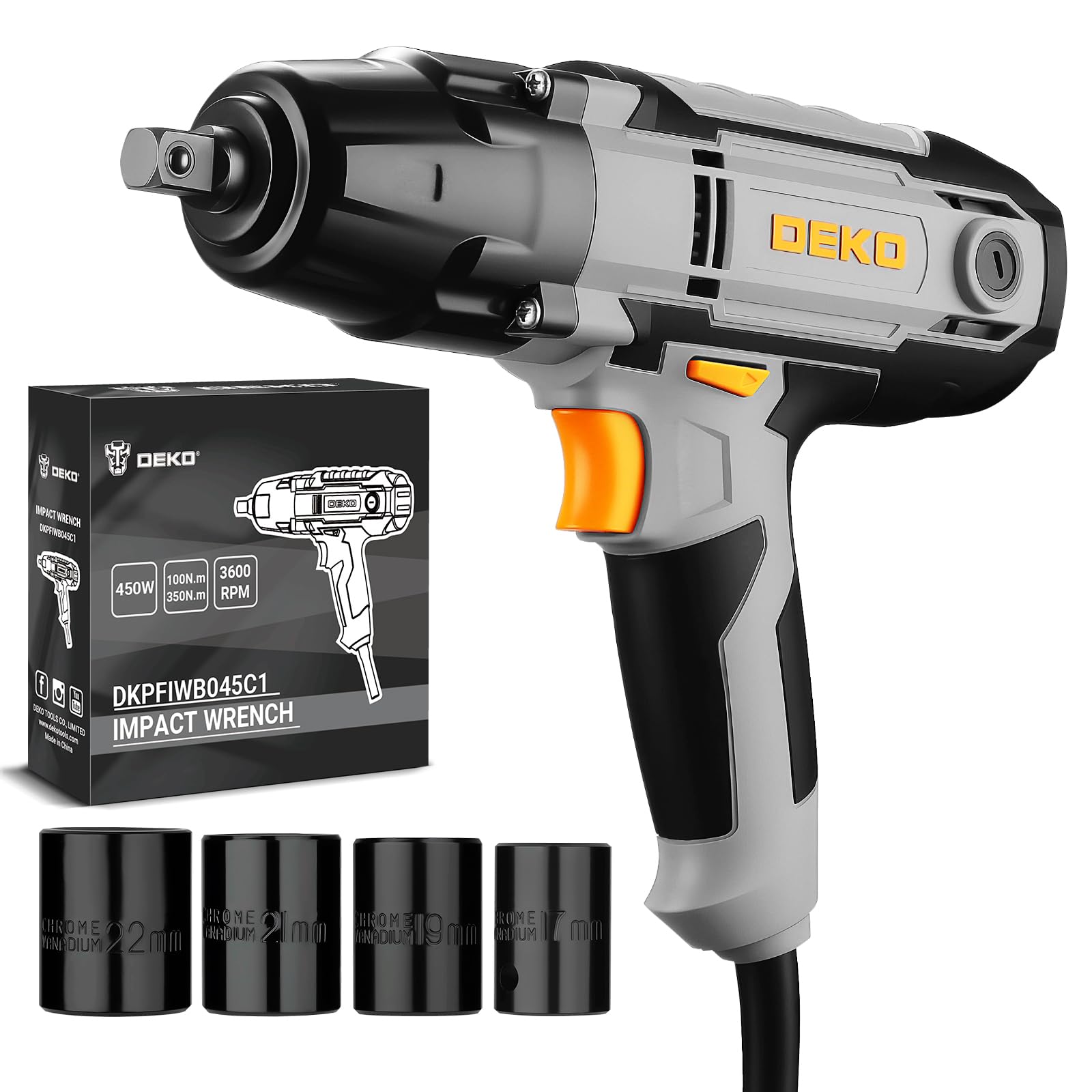 DEKOPRO Avvitatore a impulsi Elettrico 450W Avvitatore a Percussione, con 4 bussole (17/19/21/22 mm) per auto, furgoncino e tagliaerba