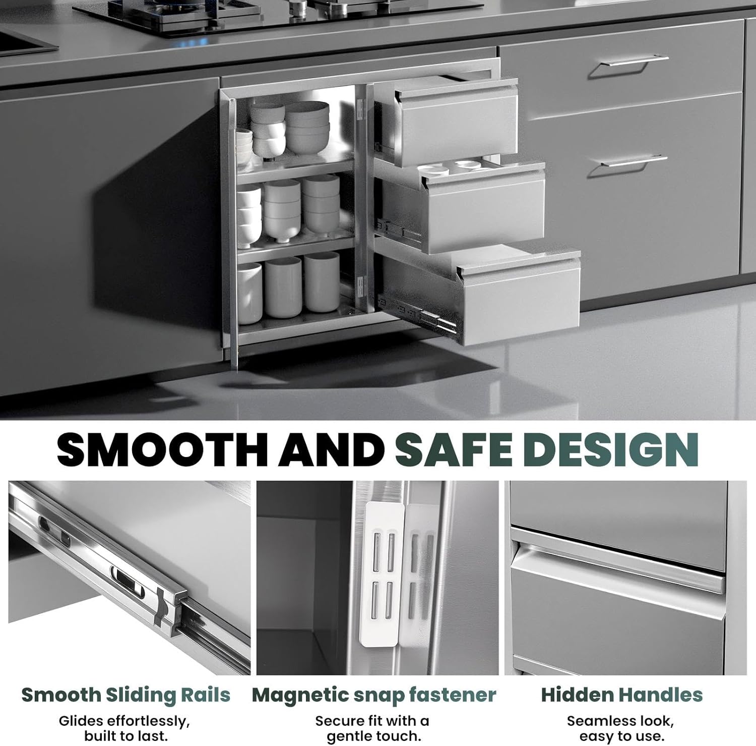 Left Access Door BBQ Storage Combo, Outdoor Kitchen Cabinets with Triple Drawers, Premium Stainless Steel Drawer Unit for Outdoor Kitchen, Outdoor Kitchen Drawers 28" W x 22" H x 19.1" D