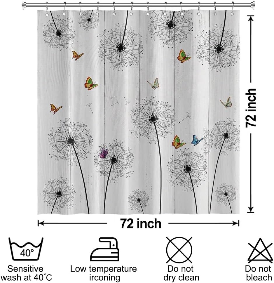 Boho Shower Curtain, Dandelions Butterflies Waffle Shower Curtains 72x72inches Farmhouse Wood Lines Waterproof Fabric Shower Curtain Set with Hooks