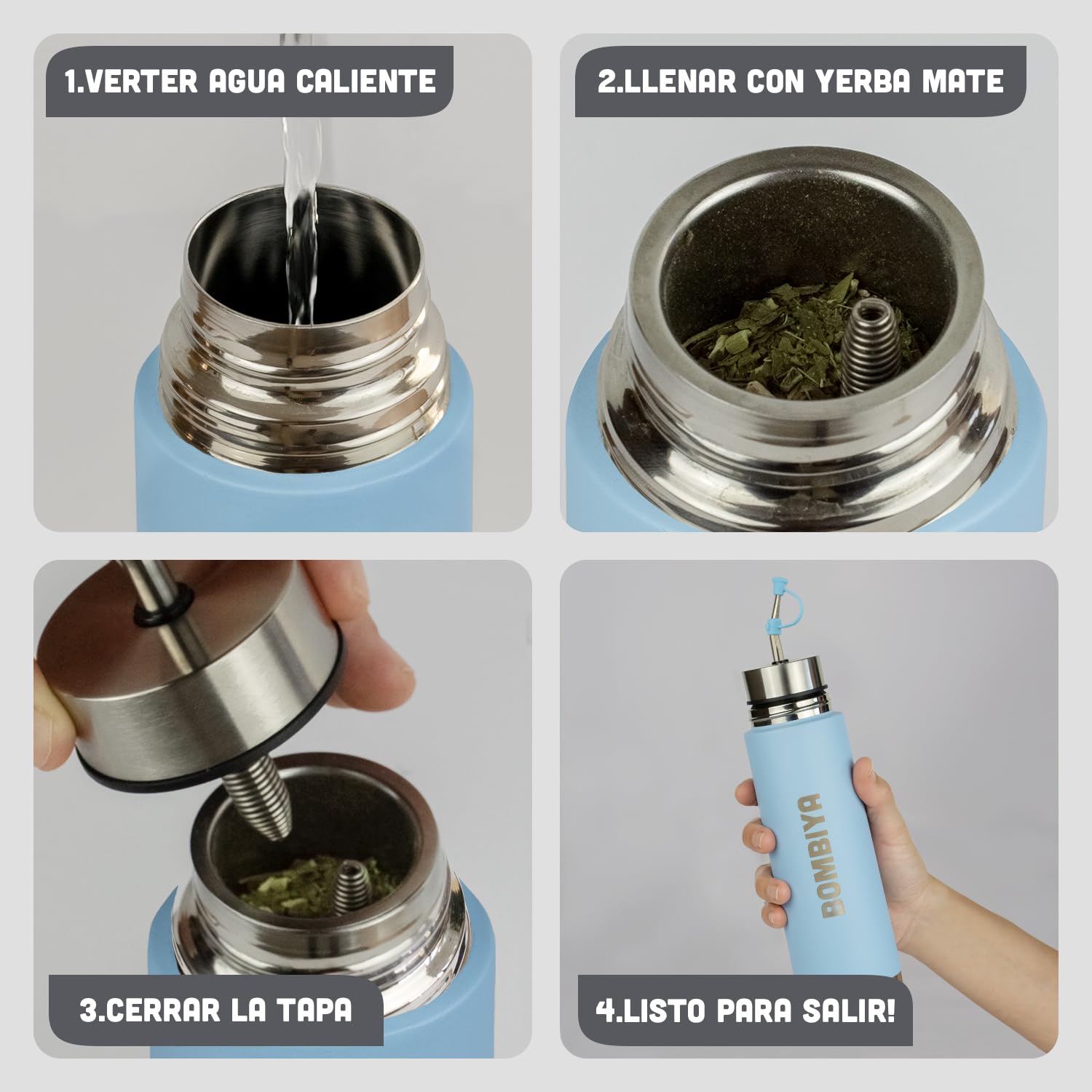 Mate listo 750ml con todas sus partes de acero inoxidable – Termo mate 2 en 1 cambiando su tapa es un termo clásico – Automate para tus mates argentinos o terere (Celeste) — view 7
