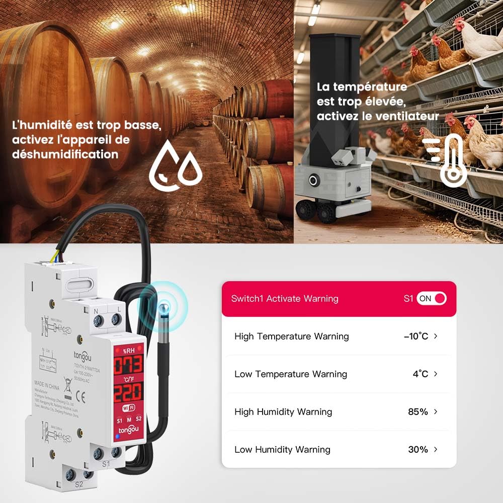 TONGOU to-Q-VTH Contrôleur de température avec sonde,WiFi Thermostat Interrupteur Connecté 16A Smart Switch Dry Contact