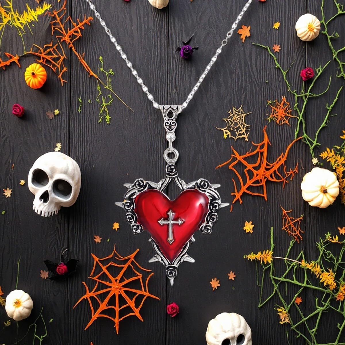 Gothic Heart Pendant Necklace for Women Vintage Heart Cross Necklace Dark Punk Style Jewelry Halloween Thorns Necklace Victoria Goth Pendant Mystic Witch Vampire Jewelry Accessories - Image 4