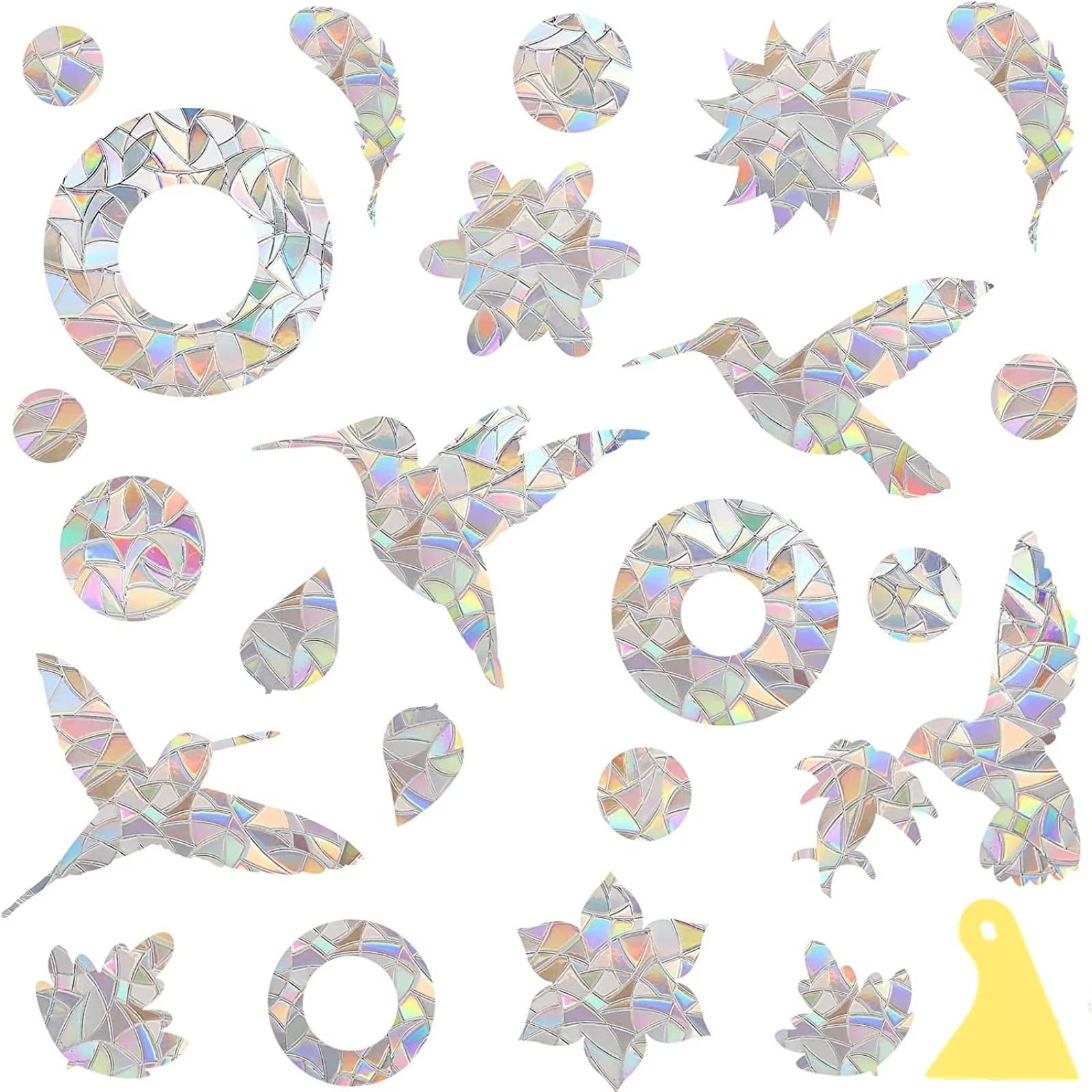 RUNRAYAY 24Pcs Bird & Ring Window Clings with Scraper, Rainbow Window Film Suncatcher Stickers for Glass Windows, Window Decals for Bird Strike Prevention