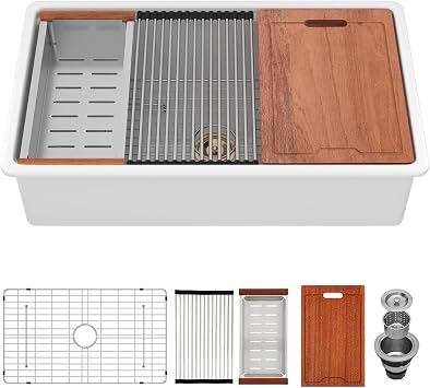 Kichae 33 Inch White Undermount Sink Workstation 33x19 Inch Dual Drop in & Undermount Fireclay Kitchen Sink Single Bowl Deep Ceramic Porcelain Sink with Accessories
