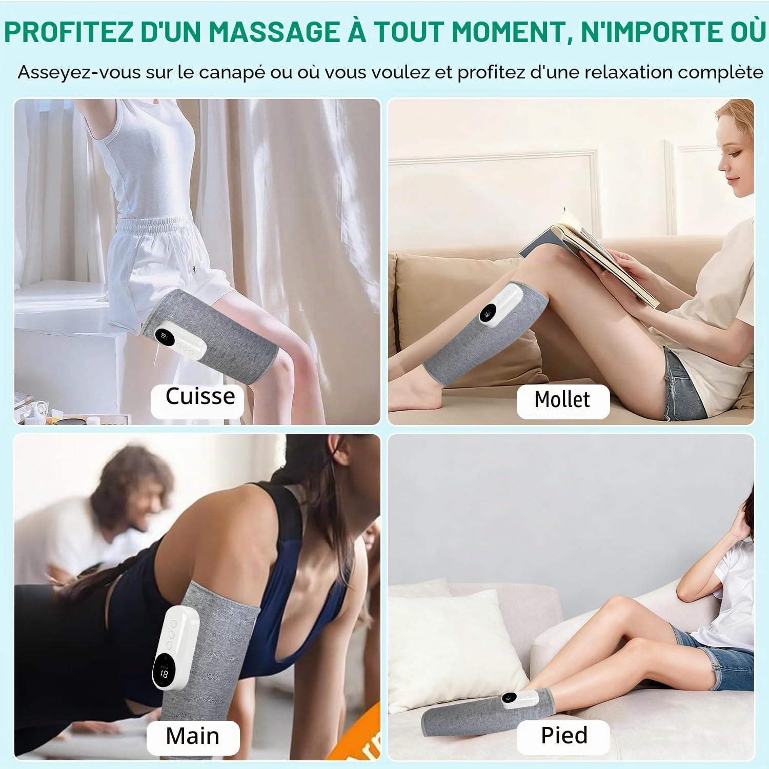 Masseur Jambes Sans Fil avec Chaleur et Compression Masseur de Mollets avec 3 Modes 3 Intensités Appareil de Massage pour Circulation Sanguine Drainage Lymphatique Relaxation Musculaire (1 Pièce)