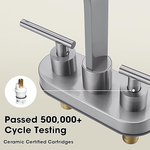 Miniatura 4 de Grifo de níquel cepillado con boquilla giratoria cuadrada de cascada para baño, 2 manijas de 4 pulgadas, con montaje de drenaje y líneas de