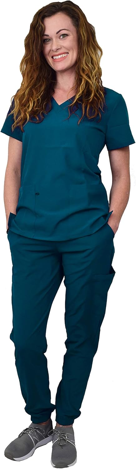 Green Town Scrubs for Women Scrub Set - Jogger Pant and V-Neck Top, 6 Pockets, Easy Care Uniforms