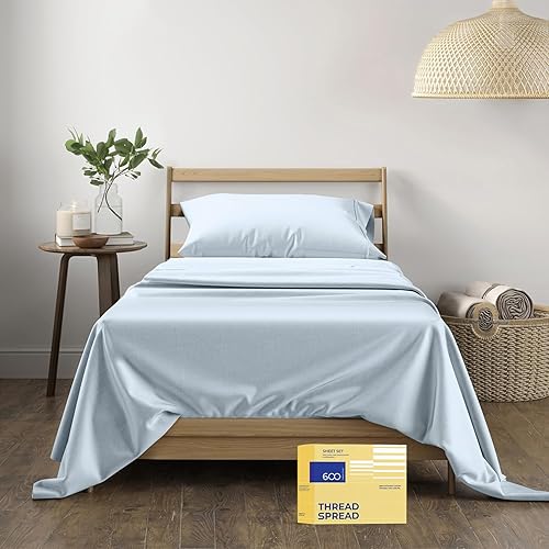 THREAD SPREAD - Juego de sábanas de lujo de algodón egipcio tamaño individual XL de 600 hilos, juego de 3 sábanas de bolsillo profundo tamaño