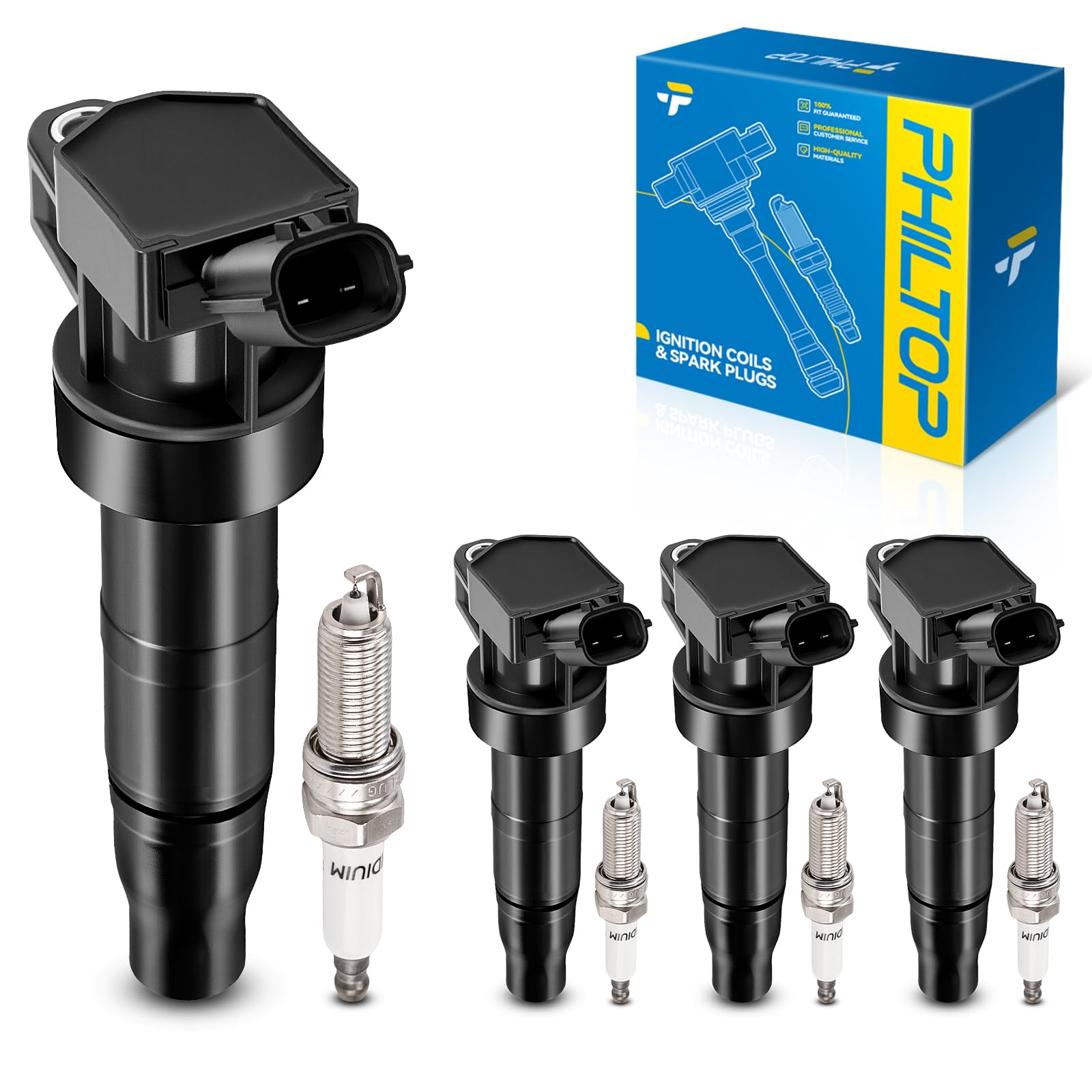 PHILTOP Ignition Coil Pack and Iridium Spark Plugs Fits for Kia 2011-2015 Optima 2.0T/2.4L, 2011-2016 Sportage 2.0T, Hyundai 2011-2014 Sonata 2.0T, 2013-2015 Santa Fe Sport 2.0T, 4PCS UF647