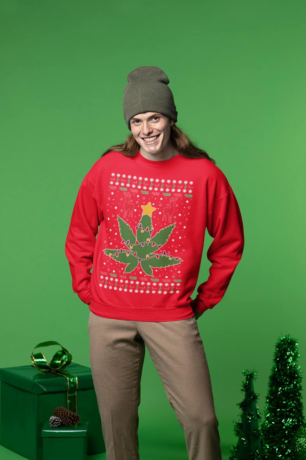 Wild Bobby Funny 4/20 Weed Marijuana Lit Deer Pot Leaf Xmas Lights Ugly Christmas Sweater Unisex Crewneck Sweatshirt