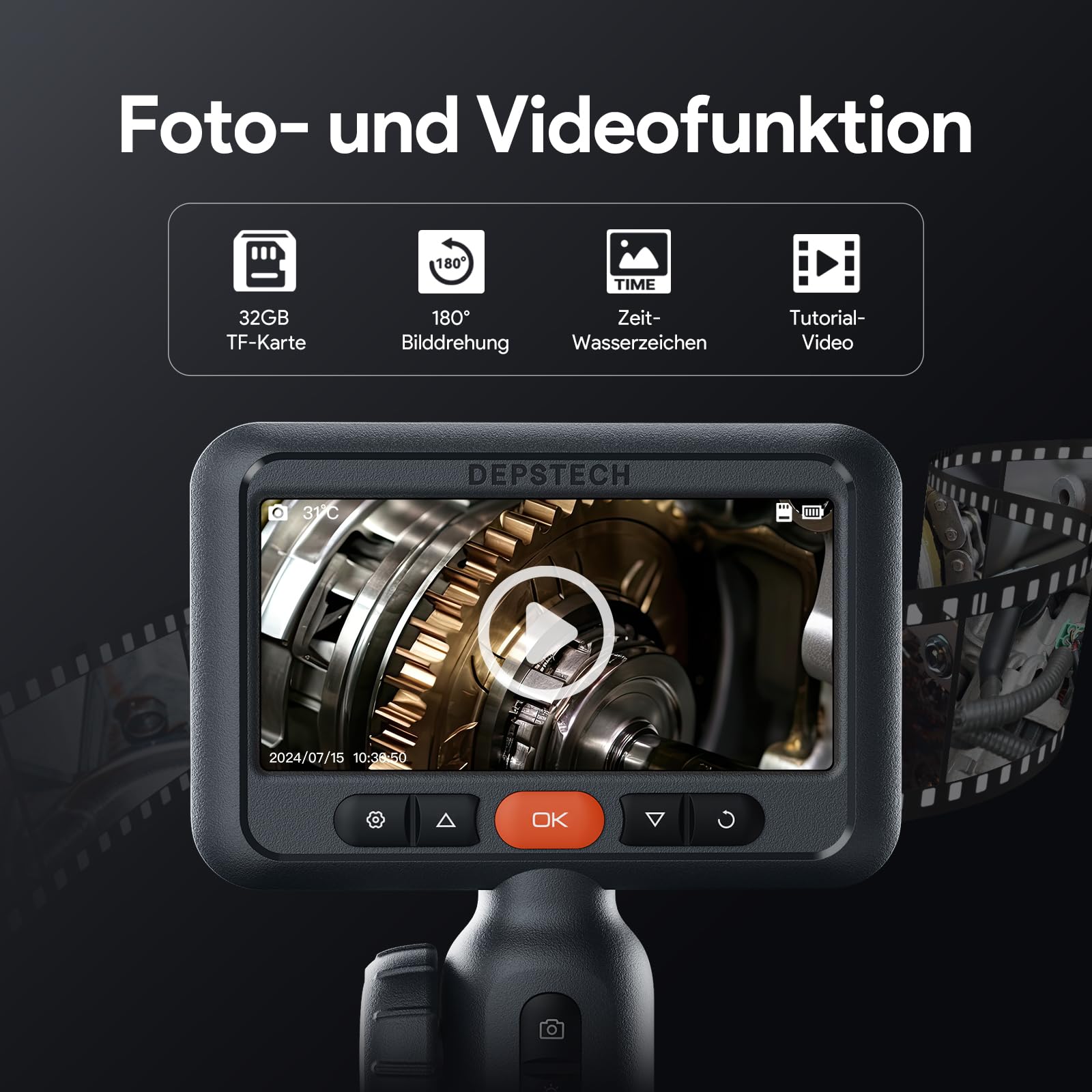 DEPSTECH Telecamera endoscopio girevole da 6,2 mm, con luce, 1080P, testa mobile 210°, schermo IPS da 4,5", endoscopio, telecamera di ispezione, camera tubolare, telecamera per canale, 1,5 m