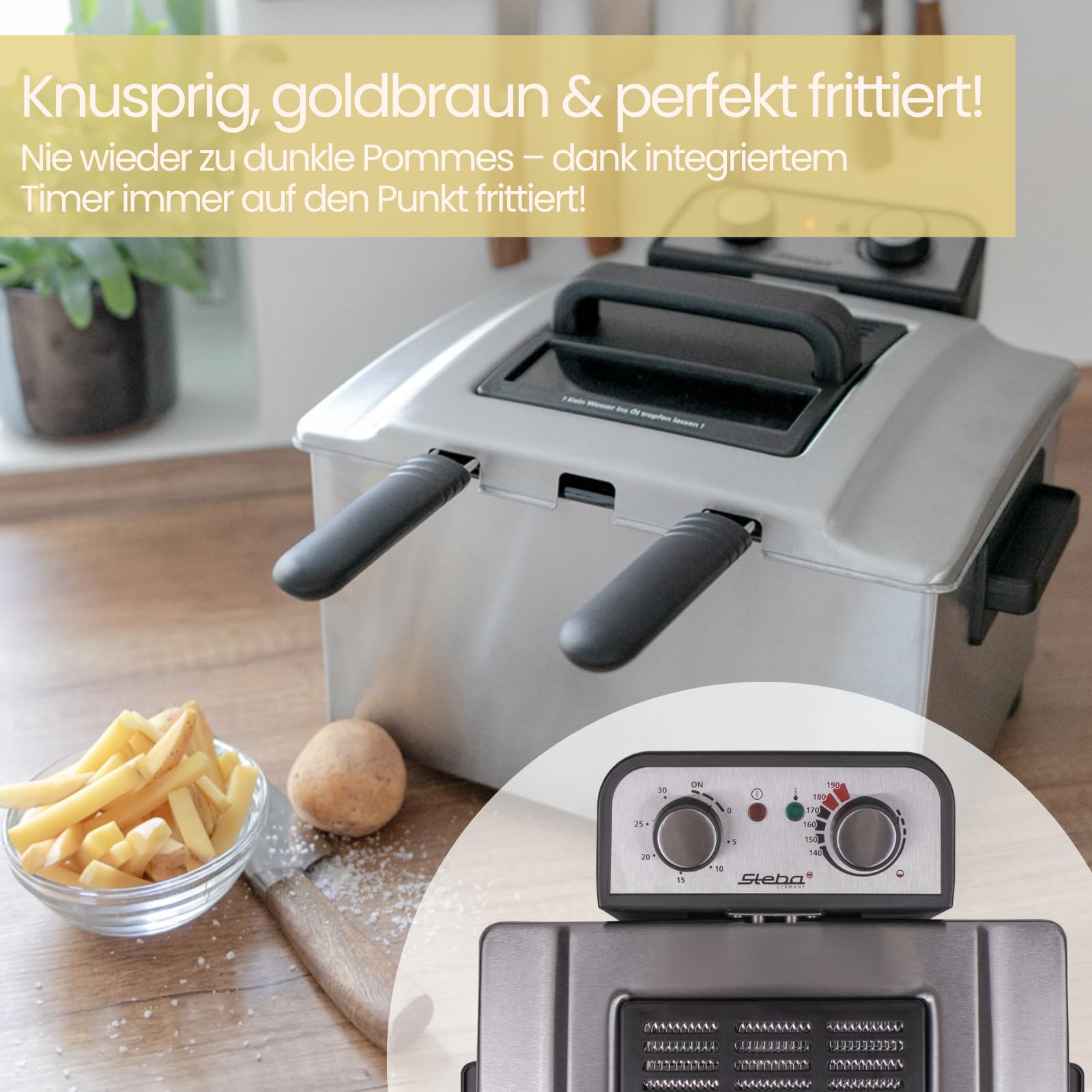 Steba Fritteuse aus Edelstahl DF 300 | 5 Liter für bis zu 1,5 kg | Fritteuse mit Fett, XXL Frittierkorb, 3 Körbe | Deep Fryer für Zuhause, Friteuse mit entnehmbarem Behälter