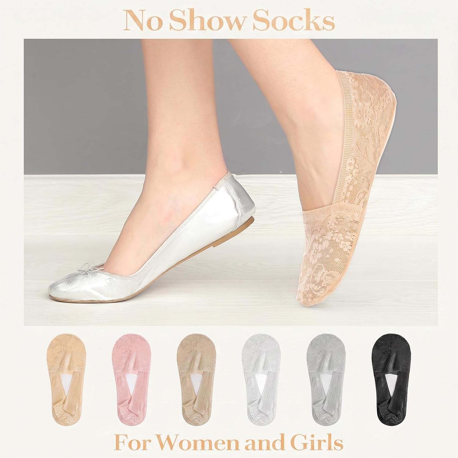 Amaxiu 6 Pairs Women No Show Lace Boat Socks, Cotton Invisible Non-Slip Socks Low Cut Liner Sock with Lace Trim for Flats & Loafers