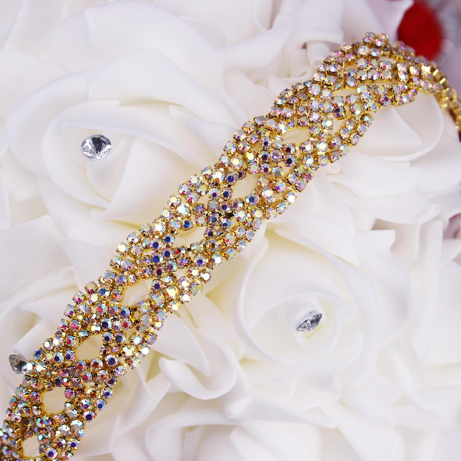 1 Yard Cross-Shape AB Color Symphony Crystal Rhinestones Trim Metal Chain Ribbon for Dress, Bag, Shoes Accessories (Gold AB-1)