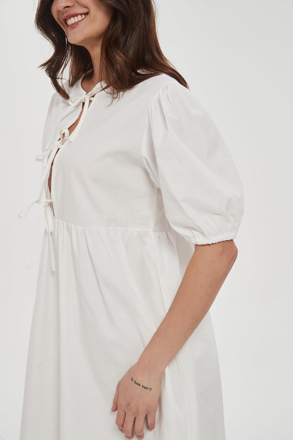 Women Casual Summer Puff Sleeve Mini Dress Bow Tie Front Y2K Babydoll Cut High Waist Peplum Dress - Image 4