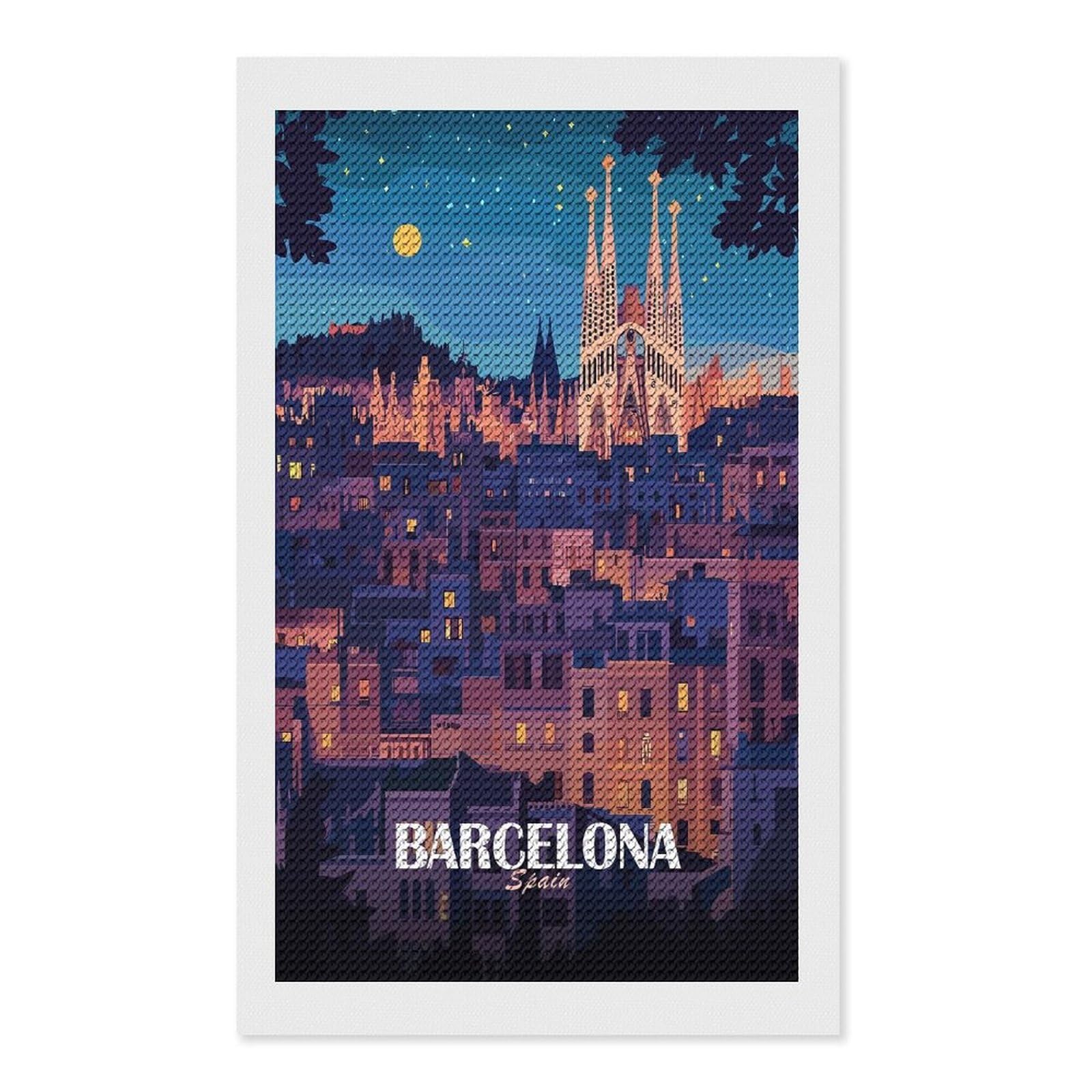 Junmoney Barcelona Spain Cityscape at Night Diamond Art Canvas 12"x20", Easy to Follow Symbols, Finish and Display, Fun Craft Experience, Aesthetic Room Decor