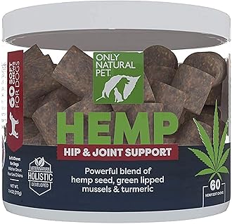 Only Natural Pet Hemp Hip & Joint Support for Dogs - Supplement for Mobility Wellness Pain Relief Healthy Inflammatory & Bone Stiffness - Chews w/Fatty Acid Blend Mussels & Turmeric - 60 Count (H/J)