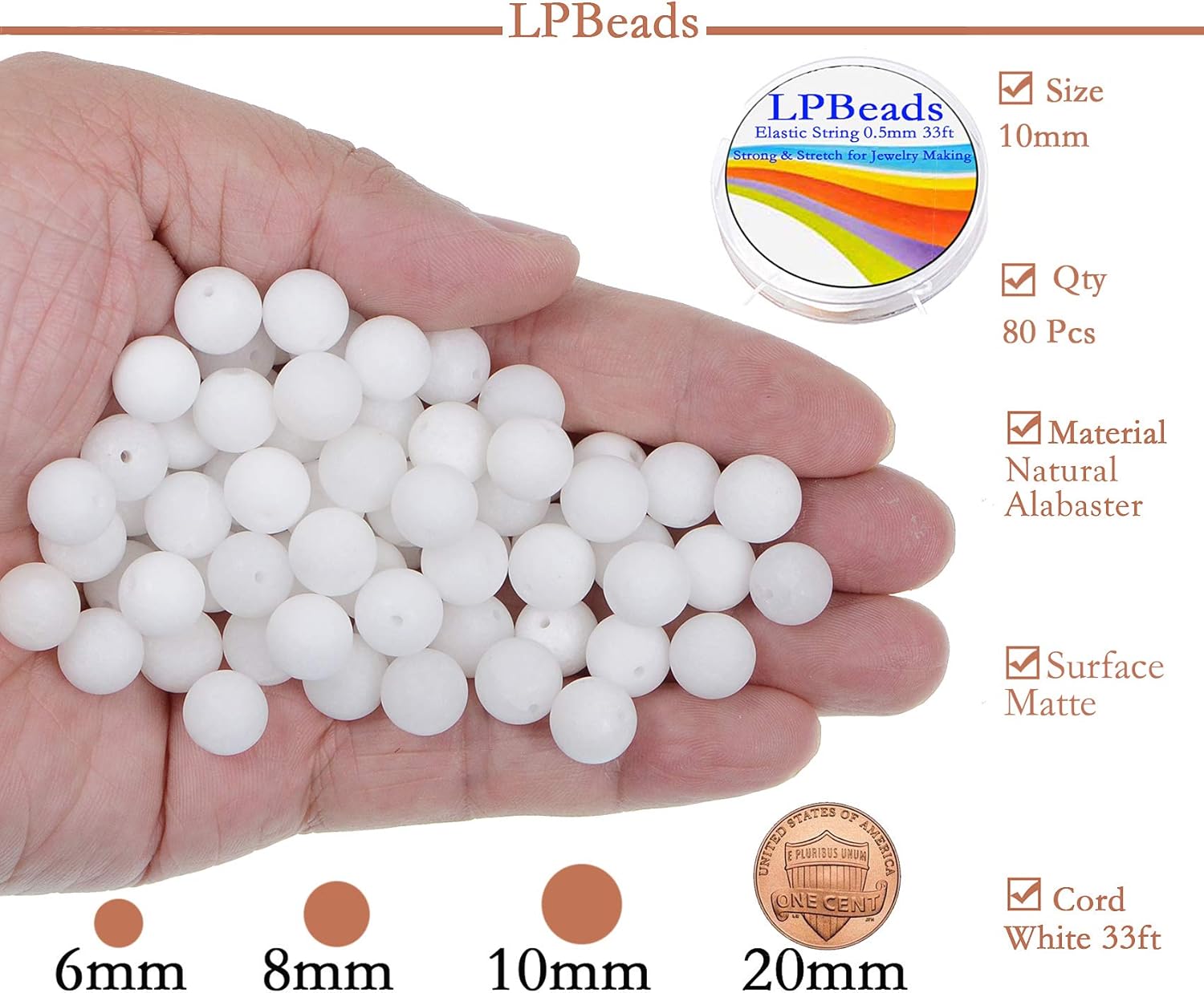 10mm Natural Matte White Alabaster Round Gemstone Frosted 80Pcs Loose Beads for Jewelry Making Bracelet with Stretch Beading Cord LPBeads - Image 2
