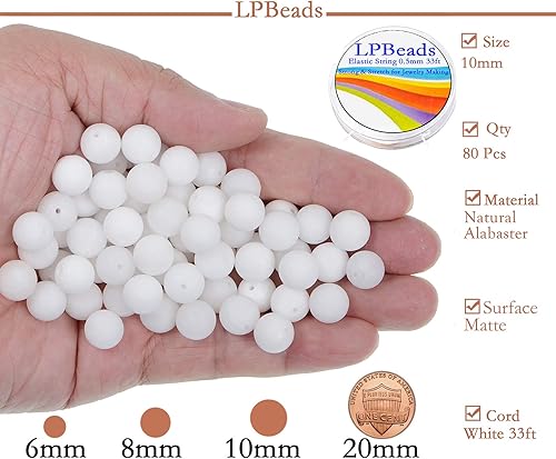 Miniatura 2 de 80 cuentas sueltas de alabastro blanco mate natural de 0.394 pulgadas (0.394 in), 80 cuentas sueltas para hacer joyas y pulseras con cordón elástico