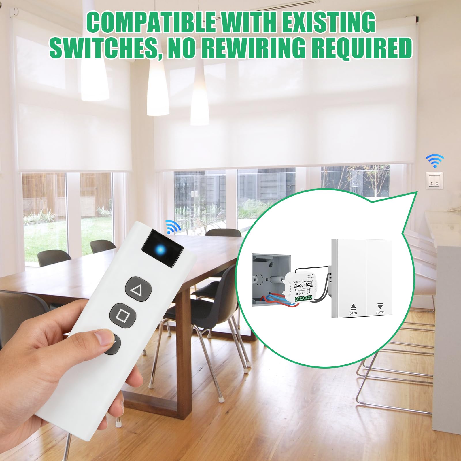 Interruttore per tapparelle Alexa con 1 telecomando RF, modulo interruttore per tapparelle WiFi con app Tuya, controllo intelligente per tapparelle compatibile con Alexa Google per tende, veneziane