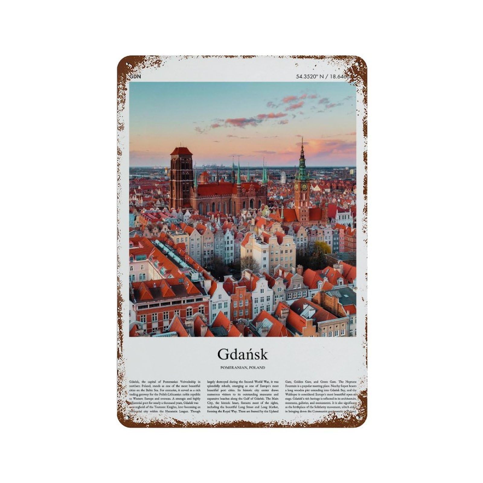 xiaoxiaoshen Gdańsk Pomeranian, Poland City Scenery Wall Decor Art Metal Tin Poster Modern Home Decor Art Home Bar Shop Decorations Vintage Sign 30x20cm