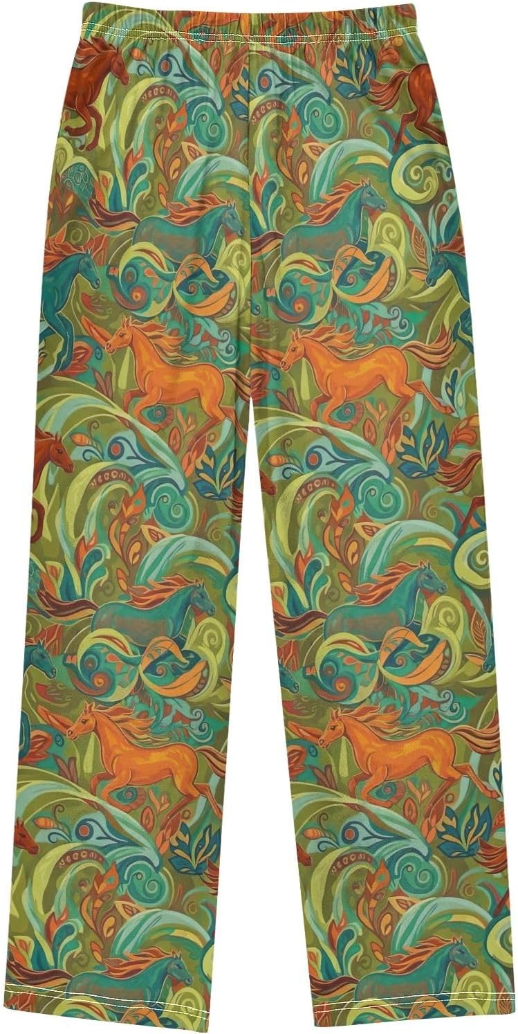 Vintage Horse Orange Turquoise Pajama Pants, Soft Stretchable Lounge Sleepwear for Comfort Elastic Waist
