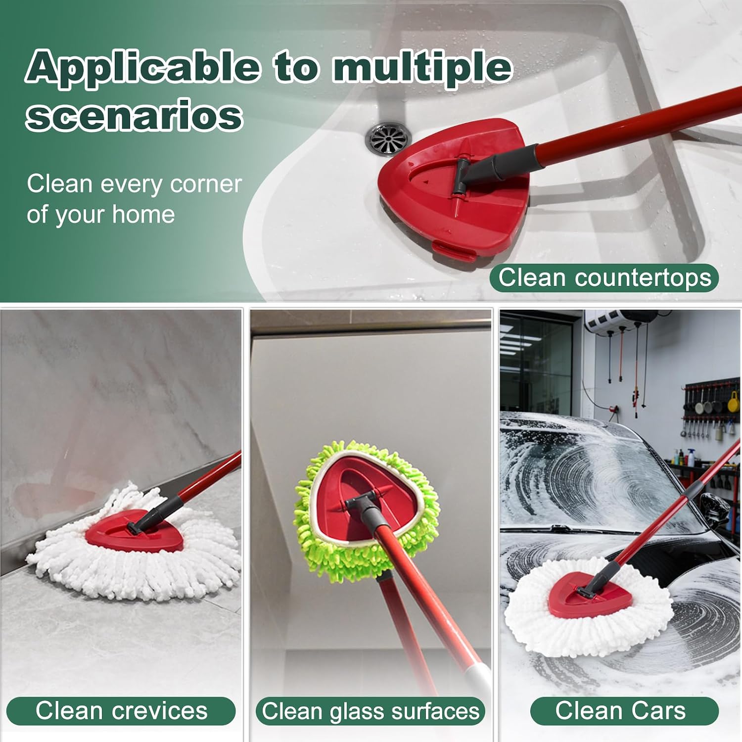 Mop Head Replacement for O Cedar, Spin Mop Replacement Head for Ocedar Easywring 1 Tank System, Mop Heads Includeds 3 Mop Replacement Heads, 2 Spin Scrub Brush, 1 Base & 1 Chenille Pad