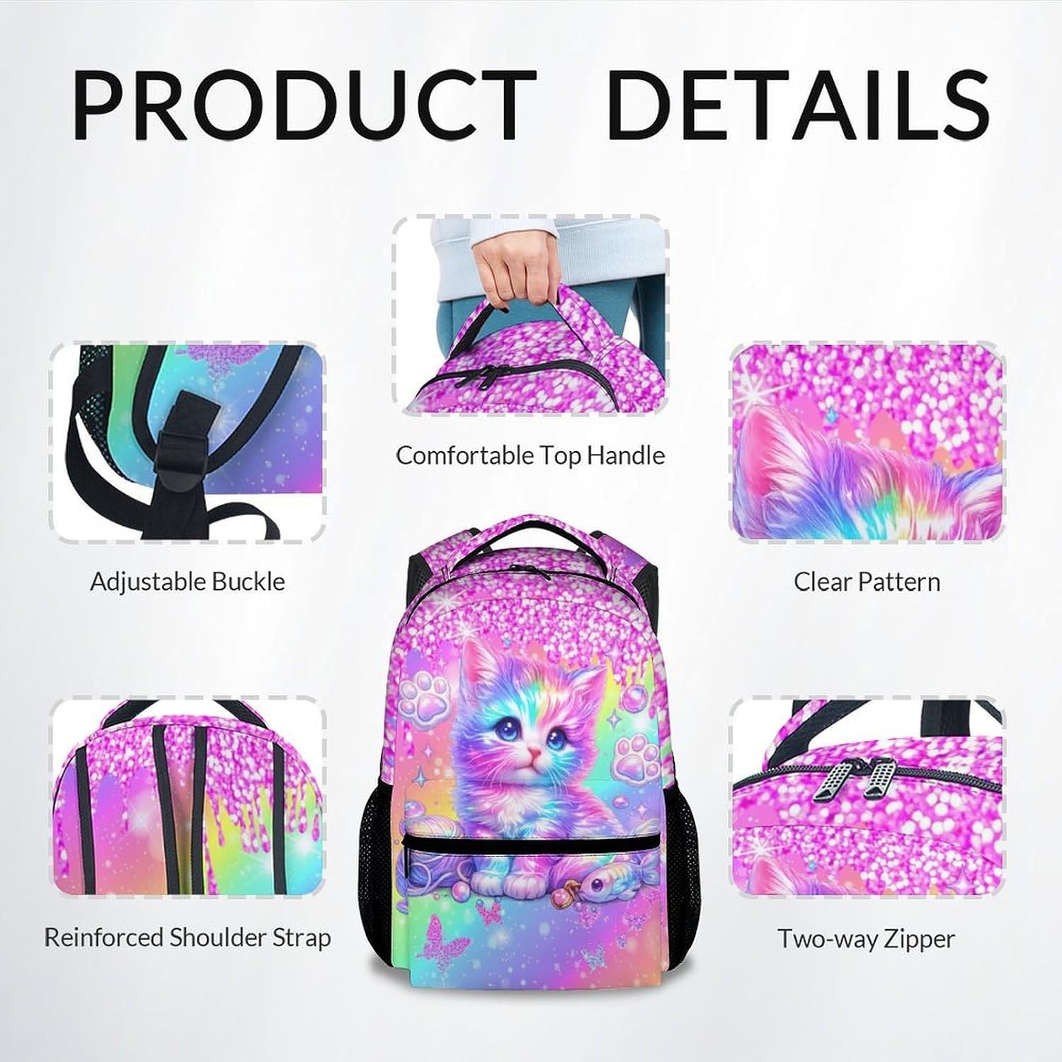 Cat Backpack for Girls Kids Schoolbag with Pocket - Animal Bookbag with Cat Print for Granddaughter Elementary Middle School Students (17 Inch)