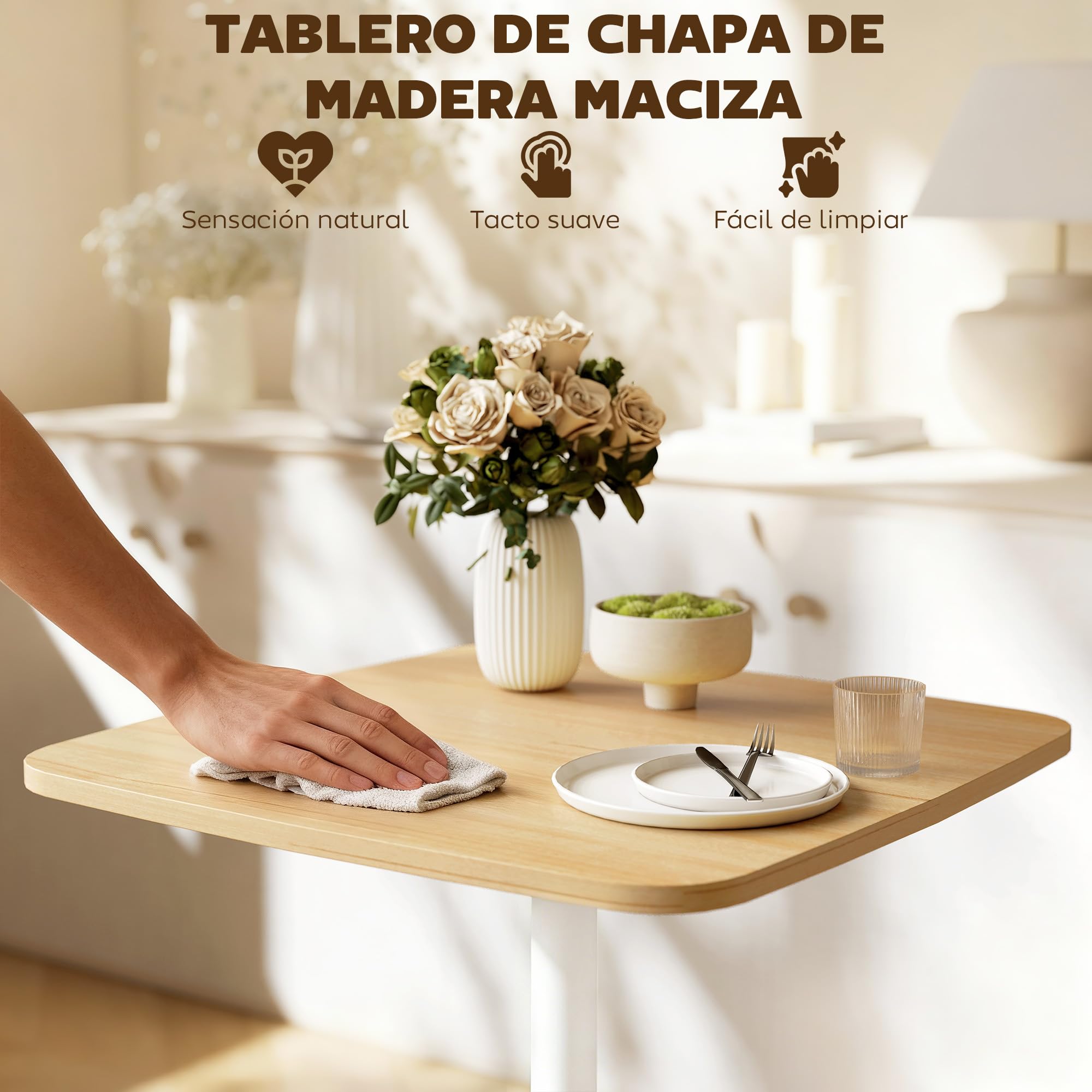 HOMCOM Mesa de Comedor Pequeña para 2 60x60x75cm Madera Natural y Blanco | Mesa de Cocina Cuadrada para 2 Personas, Base Cuadrada de Acero, para Espacios Pequeños, Salón