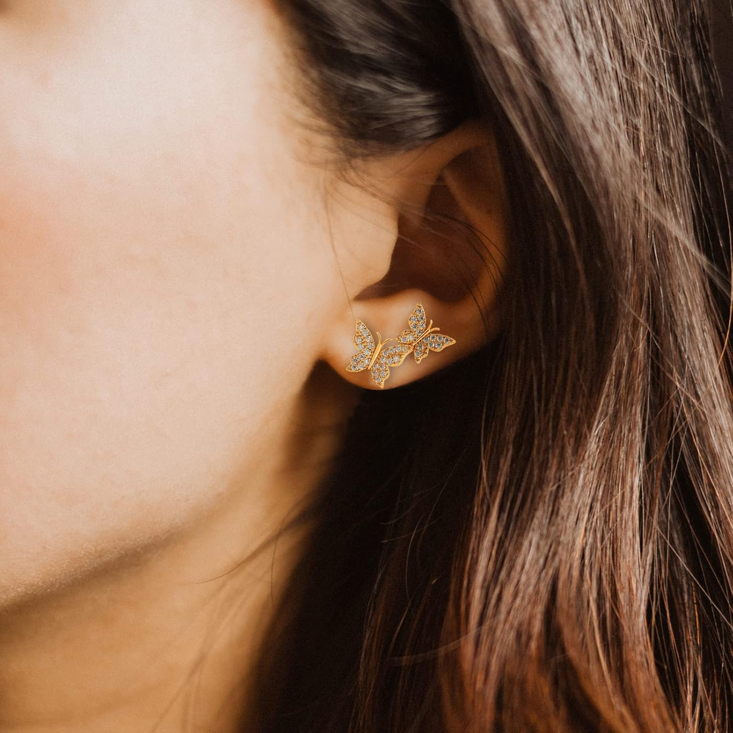 Zircon Butterfly Stud Earrings - 14K Gold Plated CZ Pave Butterfly Earrings for Women,Good Gift for Sister,Lover - Image 4