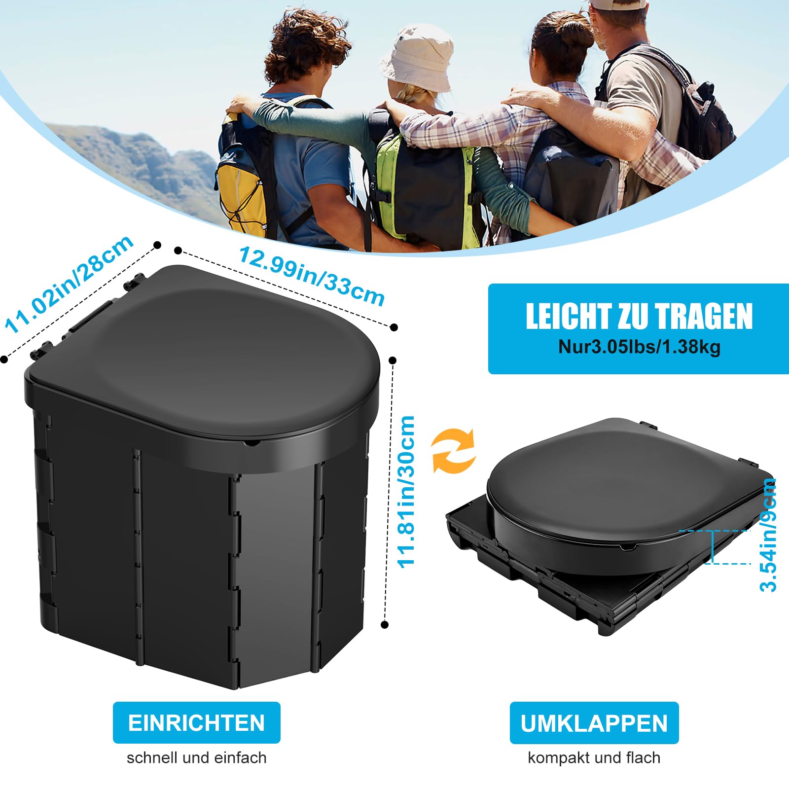 WADEO Tragbare Campingtoilette mit Deckel, Faltbare Toilette mit Belastbarkeit bis zu 200kg, Mobiltoilette Falttoilette mit Toilettenbeutel und Papierhalter, ideal für Camping Wandern Reisen Angeln