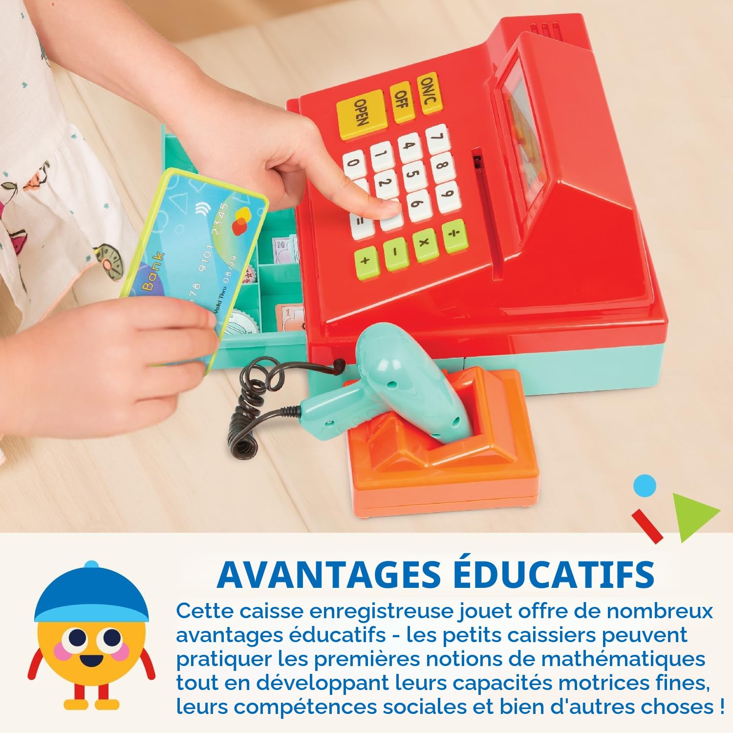 Battat Caisse enregistreuse Calculatrice Rouge avec Scanner - Registre de 49 pièces Monnaie-Jouet Carte de crédit - Jouet d'éveil 3 Ans et +
