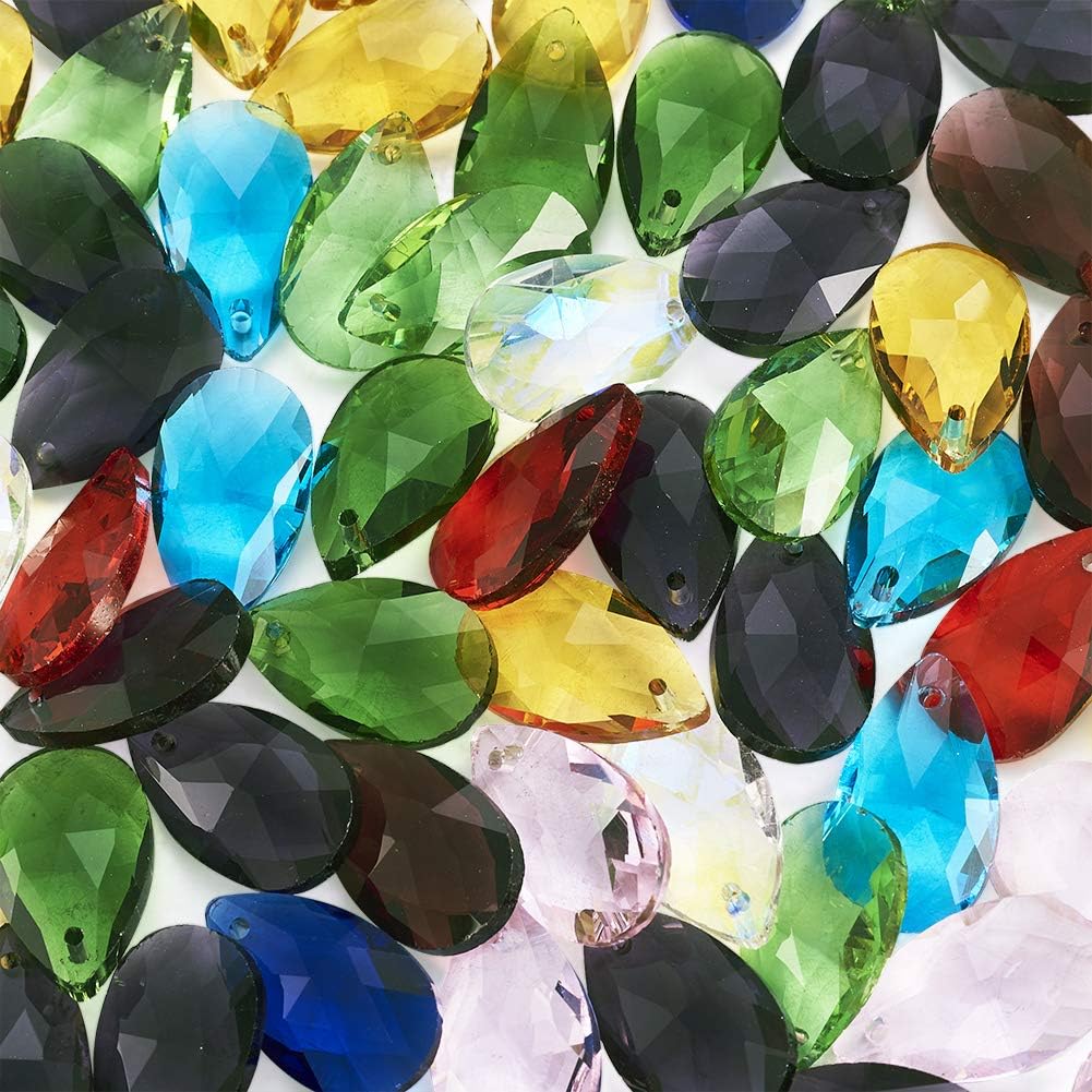 Cheriswelry 100pcs Faceted Drop Glass Pendants Crystal Suncatcher Chandelier Teardrop Dangle Charms Mixed Color Mini Hanging Ornament 22x13mm for DIY Craft Earring Necklace Jewelry Making