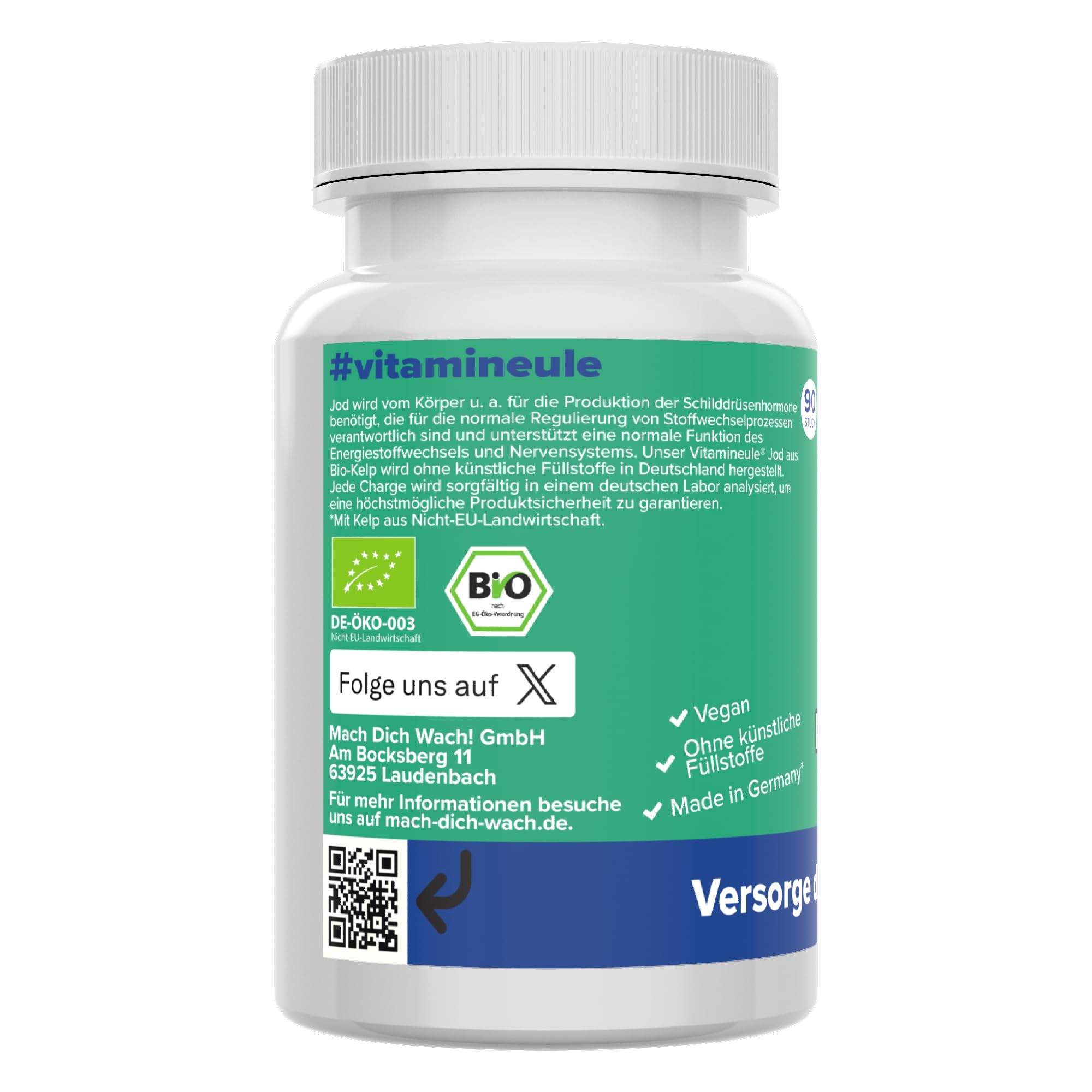Jod Kapseln Bio - hochdosiert 400 µg aus Bio-Kelp (Braunalge) - bioaktiv & vegan - Produktion in Deutschland - Jod aus Meeresalgen - laborgeprüft & ohne Zusatzstoffe - Vitamineule®