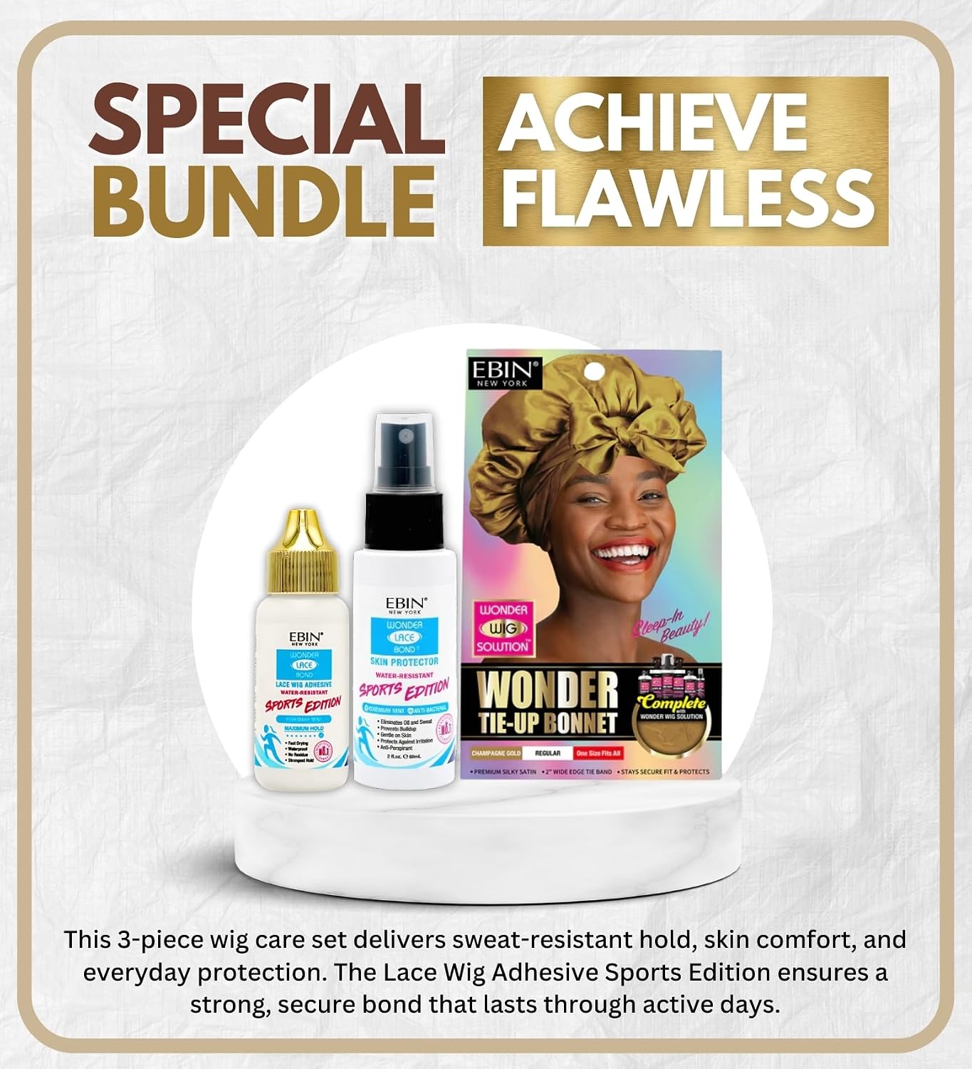 Wig Lace Glue – Wonder Lace Bond Adhesive Sports Edition Bundle with Skin Protector Sports Edition 2 fl oz & Tie-Up Bonnet Champagne Gold Regular by EBIN NEW YORK – Secure Hold – Gift Set (3 Items)