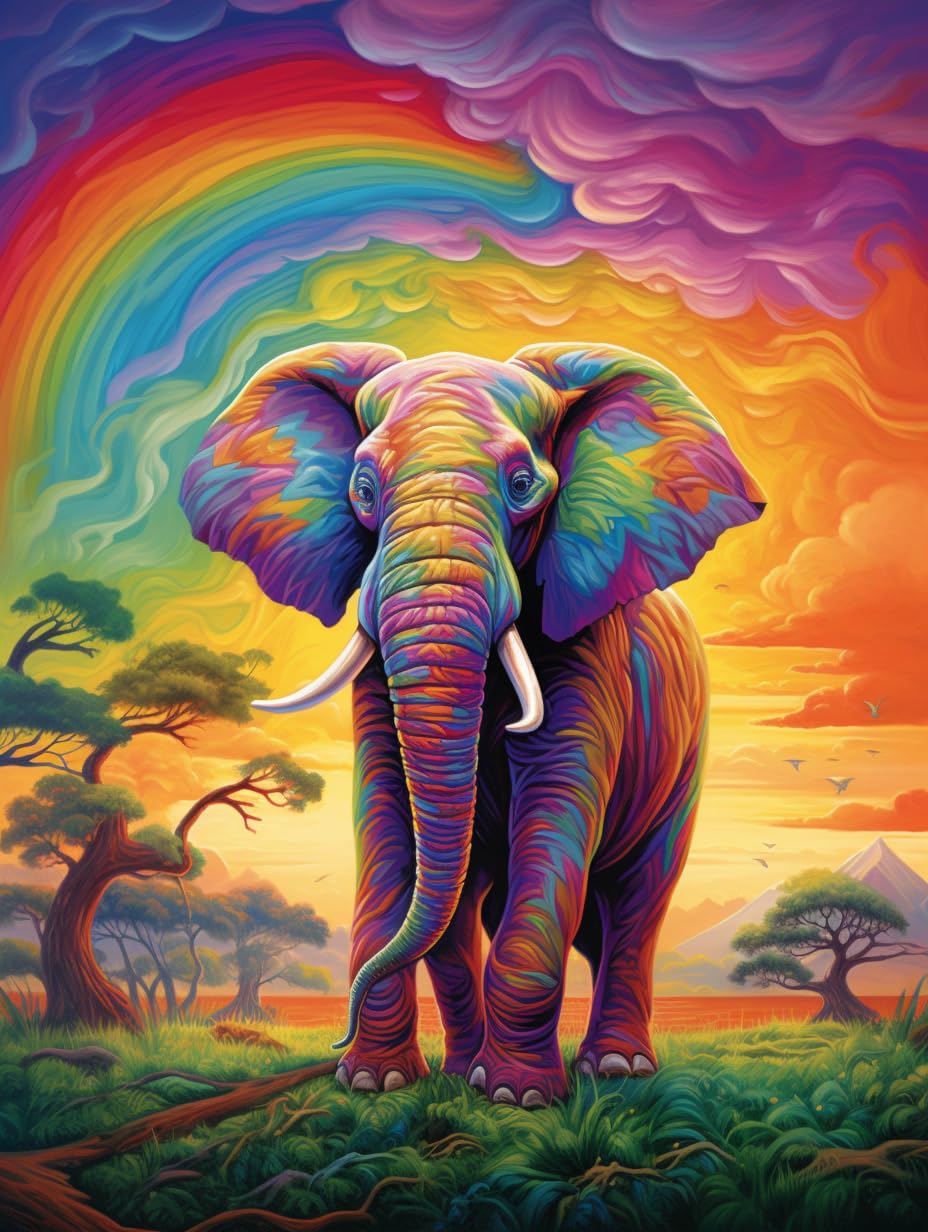 Zariocy 5D Diamond Painting Kits Rainbow Elephant, DIY Paint with Diamond Art Animal Round Full Drill Crystal Diamond Embroidery Paintings Arts Craft for Home Office Wall Decor 30x40 cm
