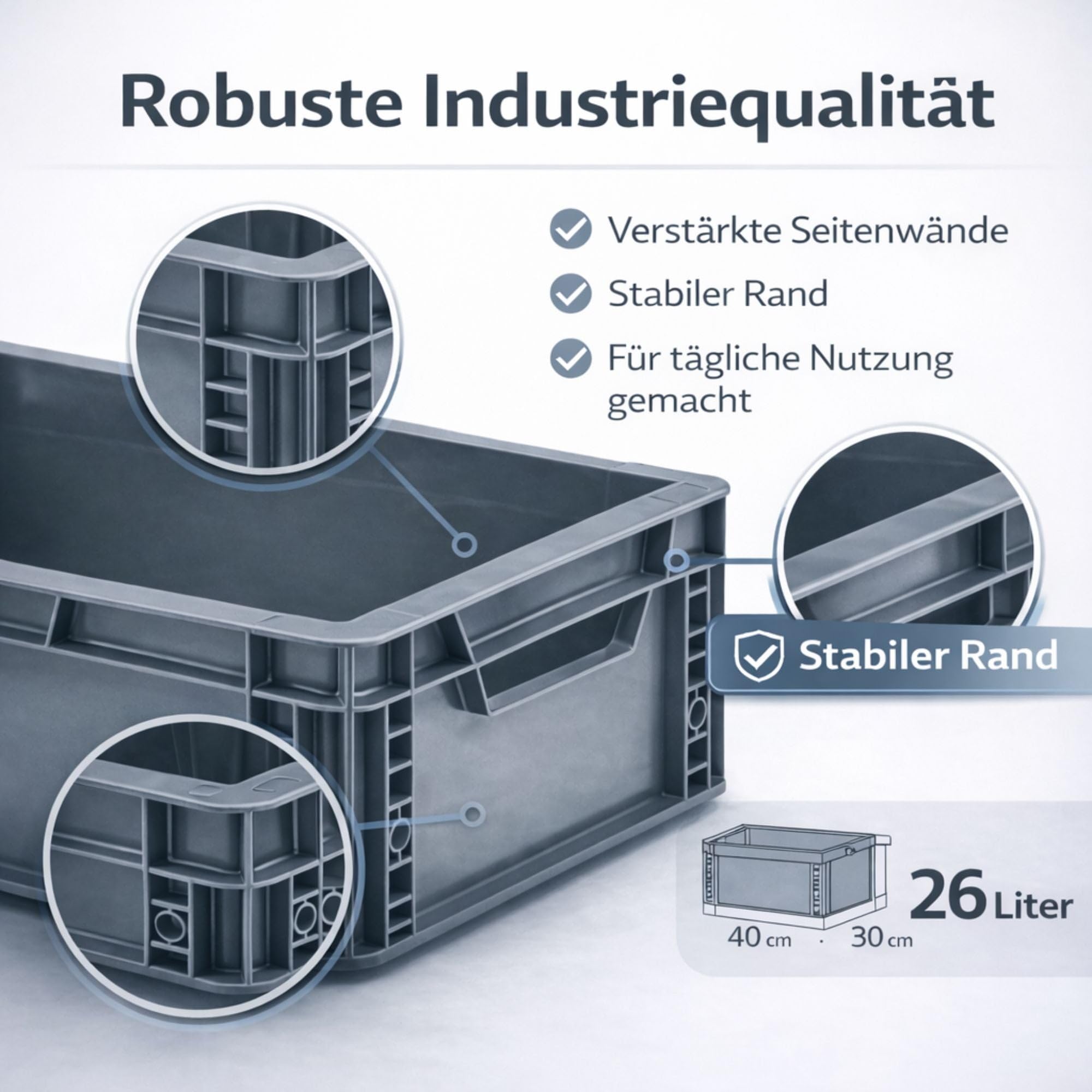 RODOPI 4x Eurobox 40x30x27 cm, stapelbar, graue Transportbox aus PP-Kunststoff, Eurobehälter mit 2 Grifföffnungen, Aufbewahrungsbox für Lager, Werkstatt, Haushalt
