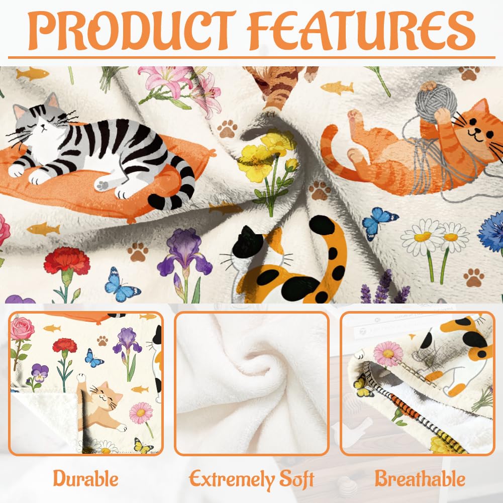 WADORN Katzen Kuscheldecke Geschenk Für Frauen, 150x130cm Katzen Blumenmuster Kuscheldecke Für Katzenliebhaber Katzenfreunde Wildblumen Flauschig Weich Flanell Fleecedecke Für Büro Schlafzimmer Sofa