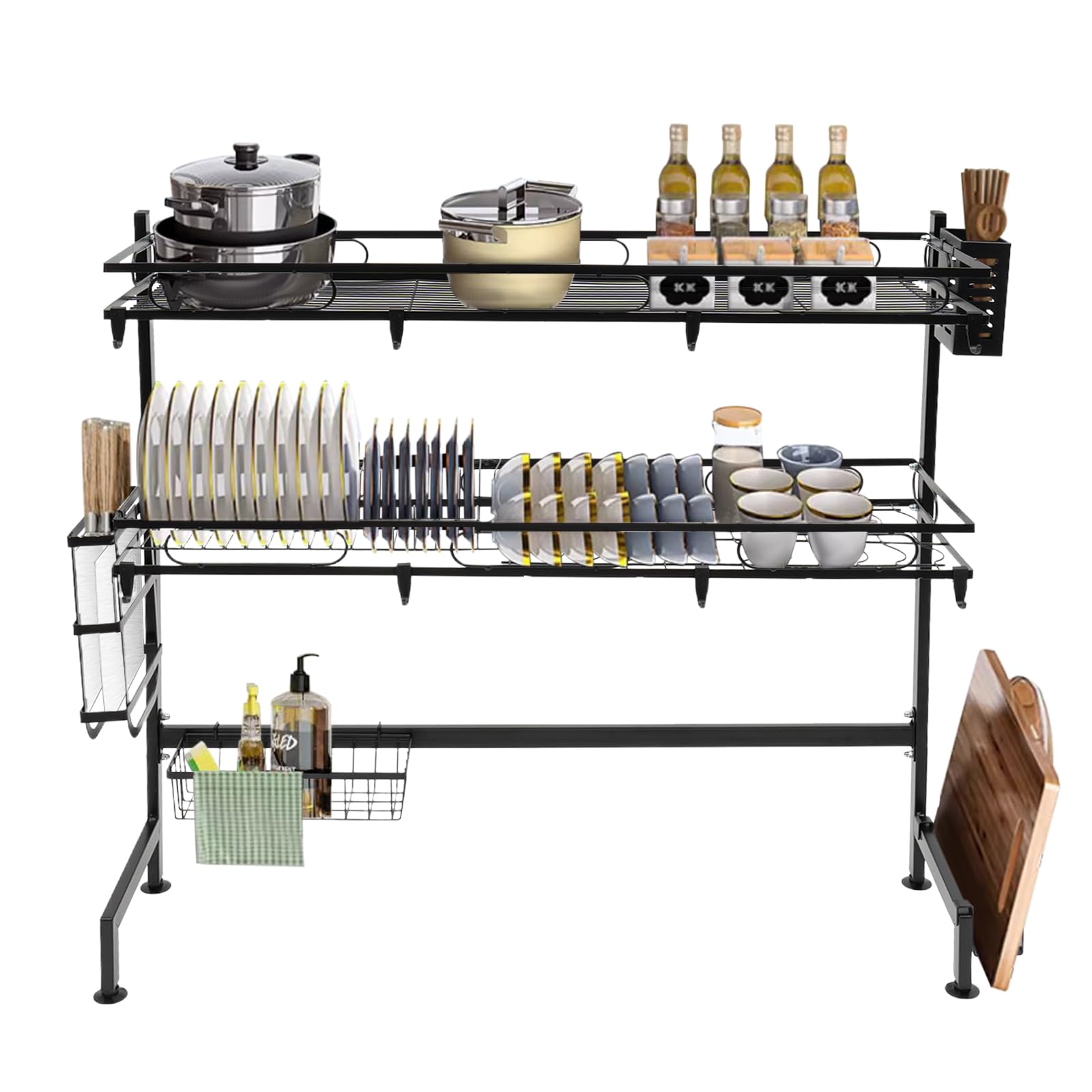 Bathrena 2 Tiers Dish Drying Rack, Over Sink Cutlery Drainer Utensil Holder and Drainboard Set Carbon Steel Sink Dish Rack for Kitchen Counter (82cm)