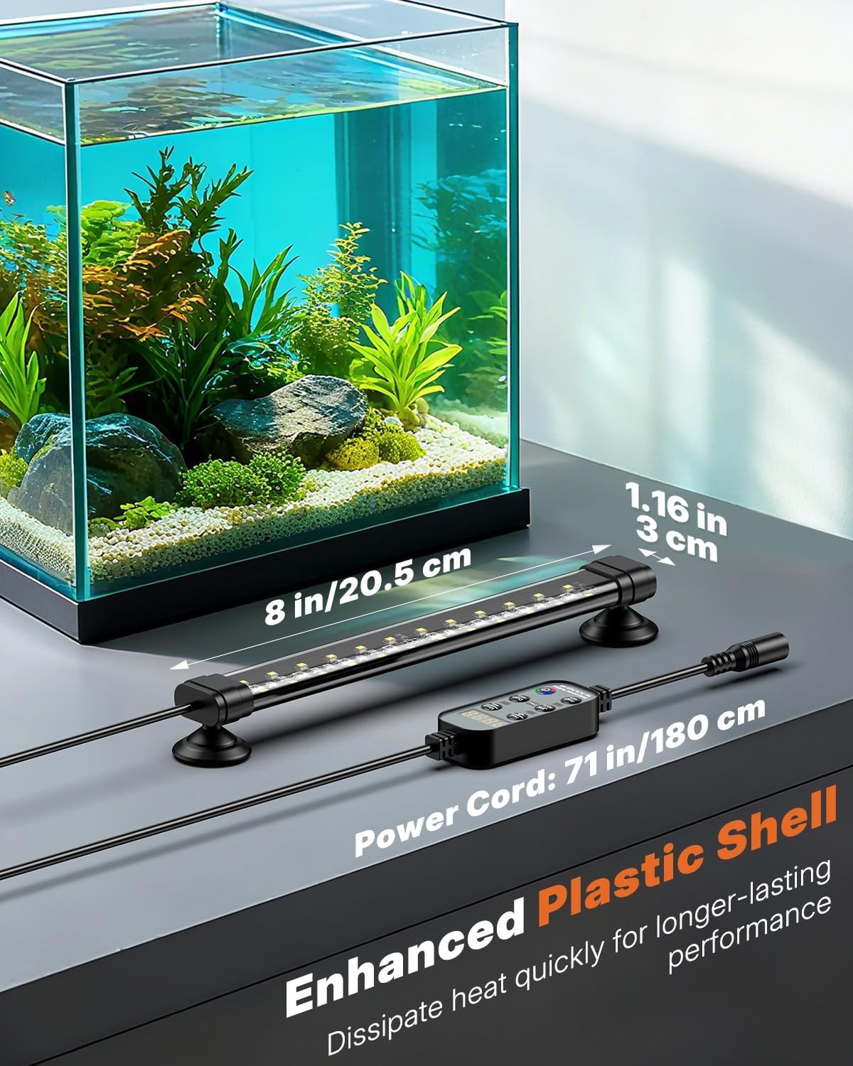 Pawfly AL-4380 Pro Aquarium Light installed on an aquarium with dimensions labeled.