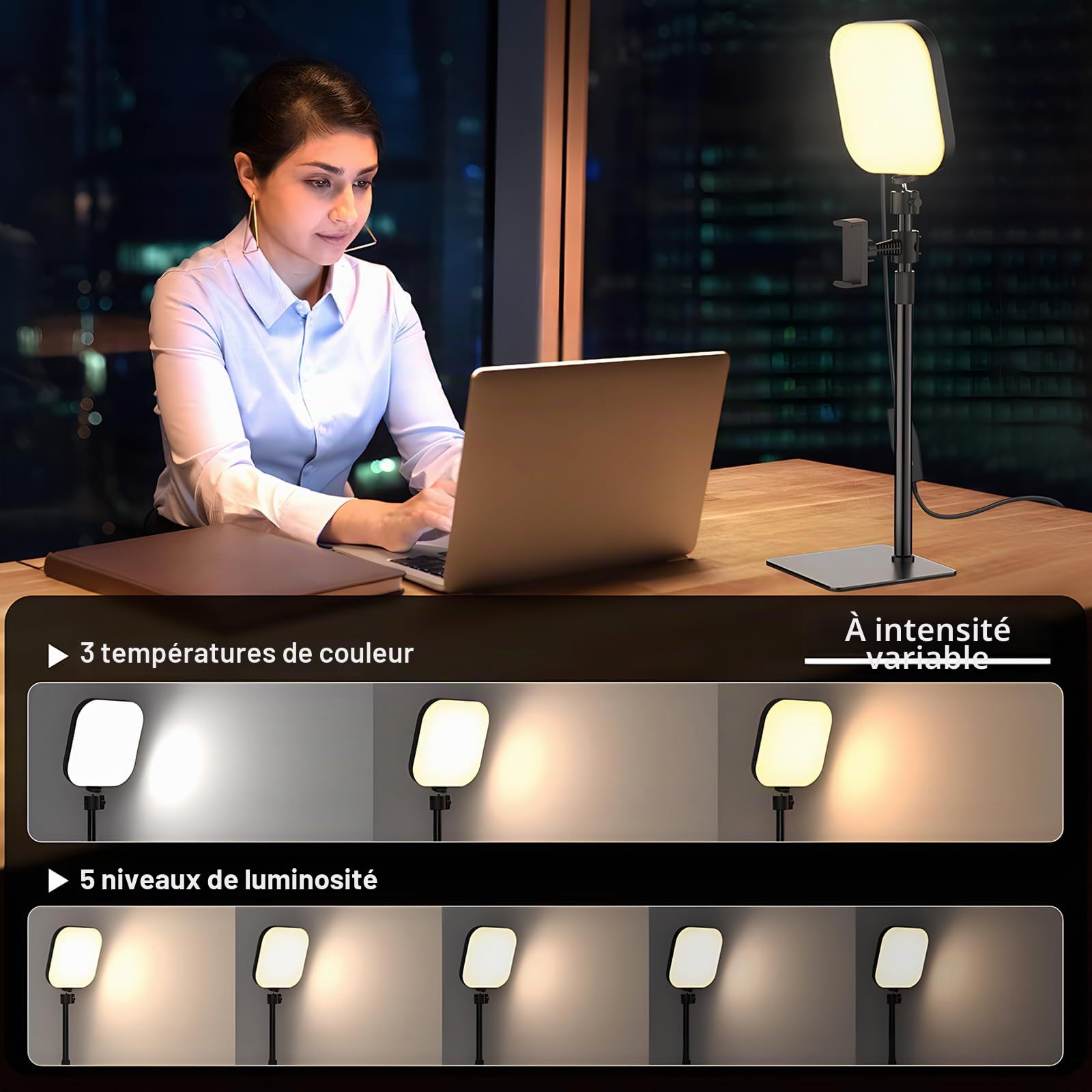 Éclairage de vidéoconférence, lampe vidéo 180 LED avec 3 couleurs, 5 luminosités et minuterie pour enregistrement vidéo, support de téléphone pour ordinateur portable, réunion en ligne, appels vidéo