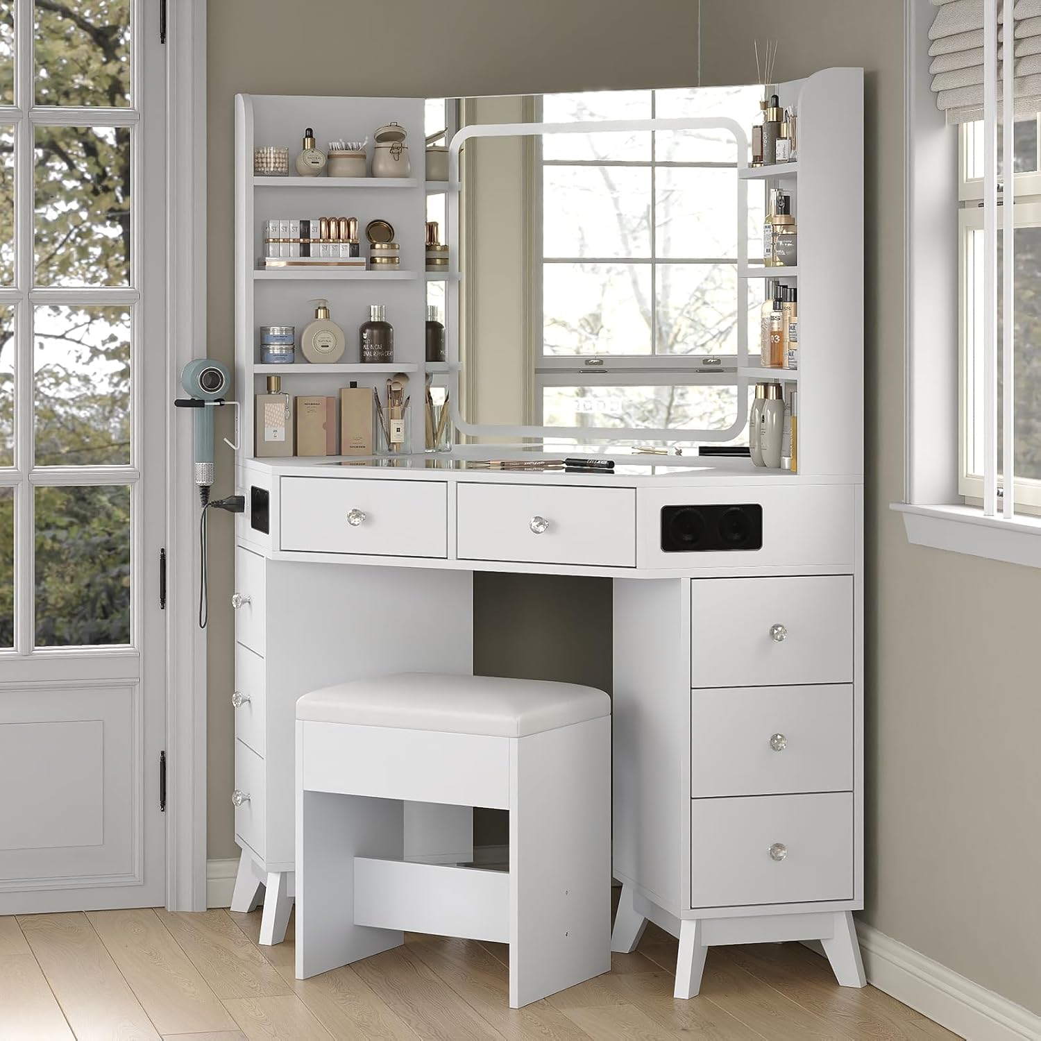 Corner Vanity Desk with Buil-in Speaker, 8 Drawers & 6 Shelves, Makeup Vanity with Glass Top, Modern Vanity with Mirror and Lights, 3 Color Lighting Modes, Dressing Table for Bedroom, White
