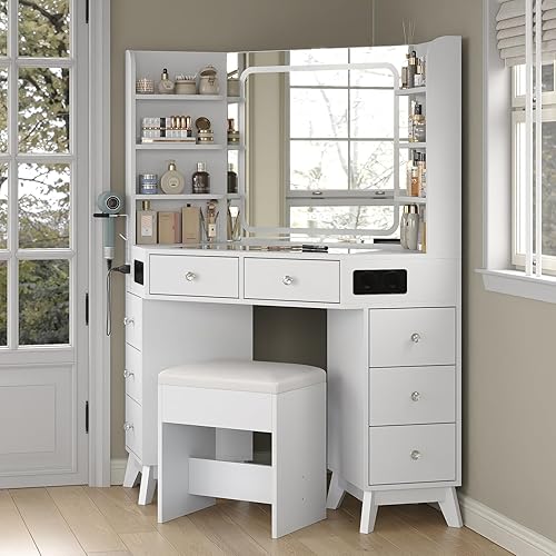 Miniatura 2 de Escritorio esquinero con altavoz Bluetooth, 8 cajones y 6 estantes, tocador de maquillaje con parte superior de cristal, tocador moderno con espejo